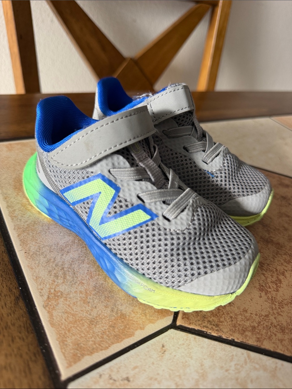New Balance Kids Gray and Blue Athletic Shoes with Neon Accents